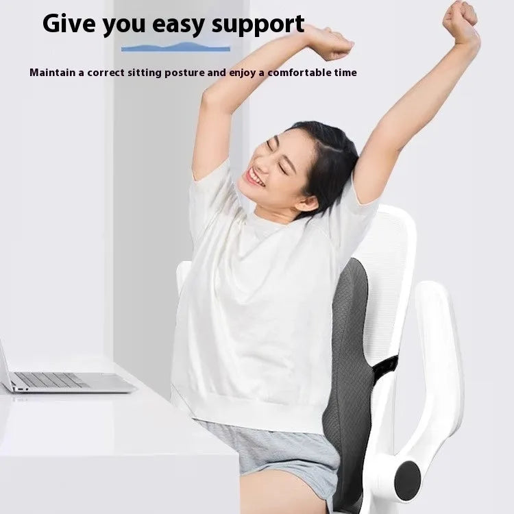 Grey contoured lumbar support cushion for office chair, shown next to navy blue and pink colour options.