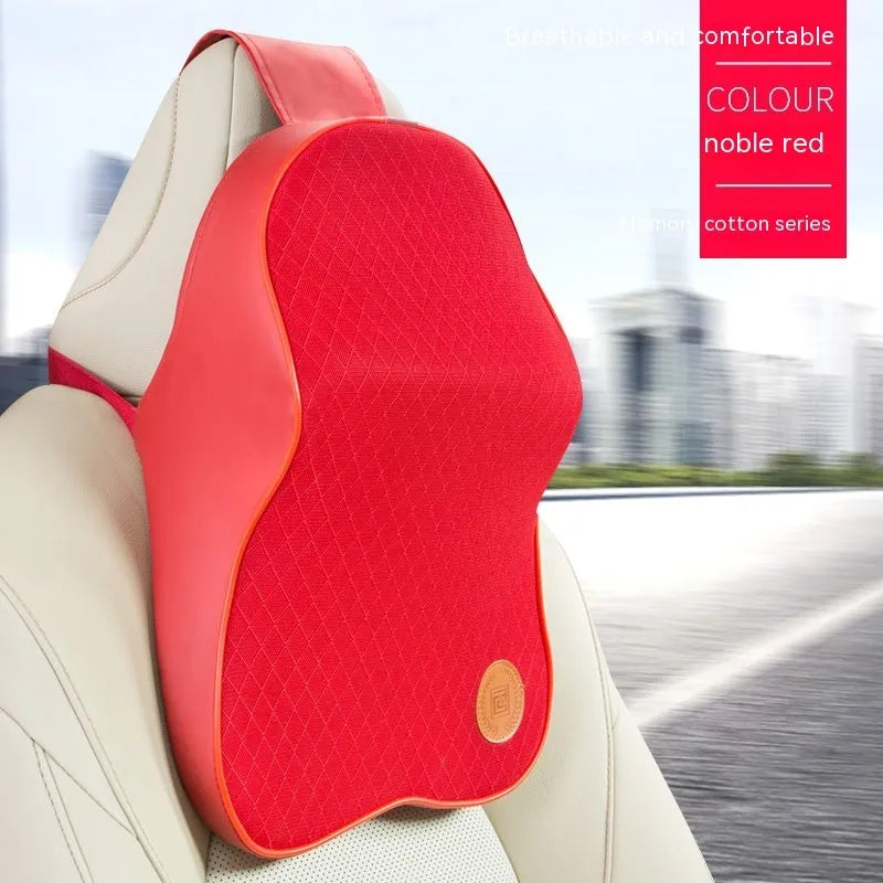 Black and beige memory foam headrest pillow and lumbar support pillow for car seats.