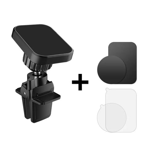 Black magnetic car phone holder attached to a vehicle's air conditioning vent.