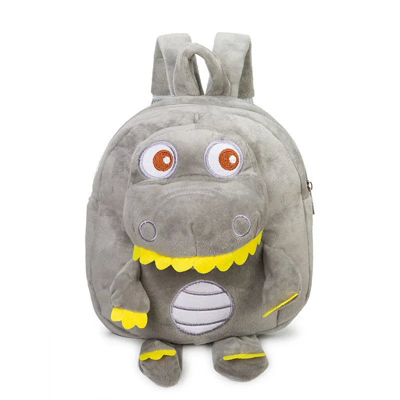 Blue soft plush dinosaur children's backpack with embroidery and a soft handle.