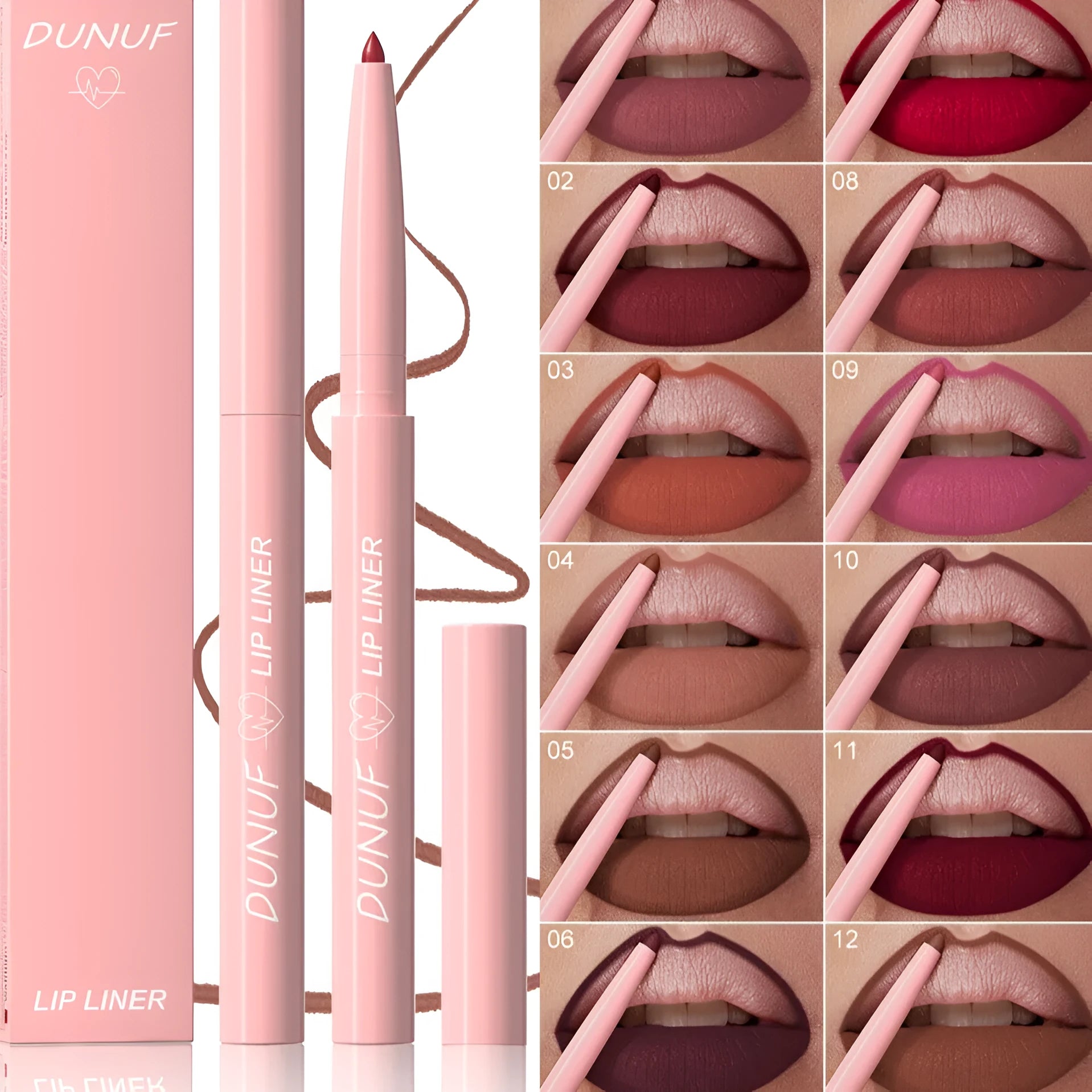 Velvet matte lip liner pencil in 12 colour shades for precise application