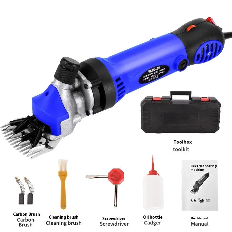 Yellow electric wool shears with 13-tooth comb and set of accessory combs and tools on a table.