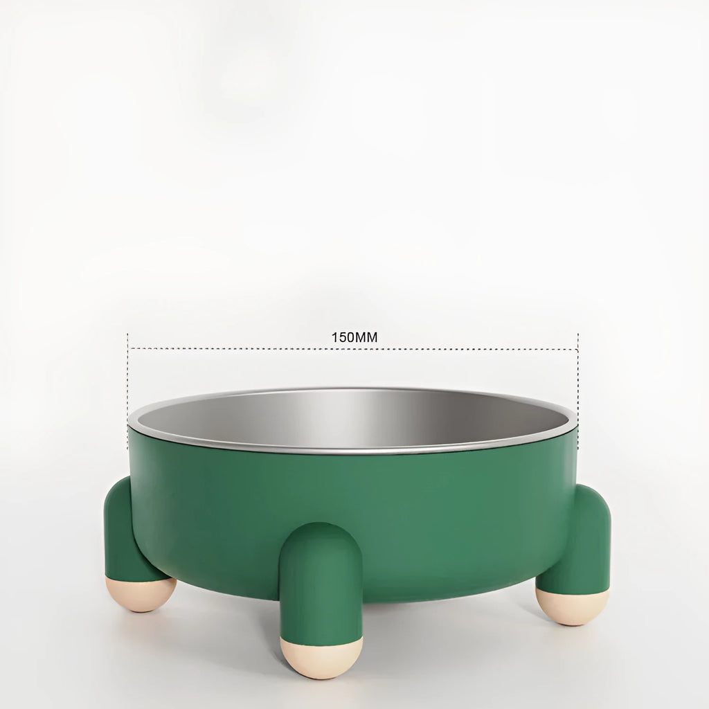 Stainless steel pet food bowl with non-slip base in pink, white and green colours