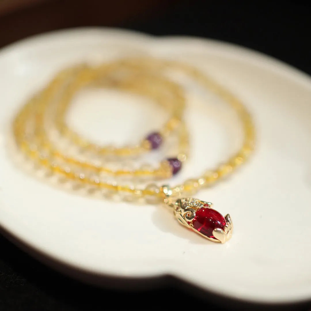 Natural Brazilian quartz bracelet with gold three-circles ruby quartz charm on adjustable Chinese style band