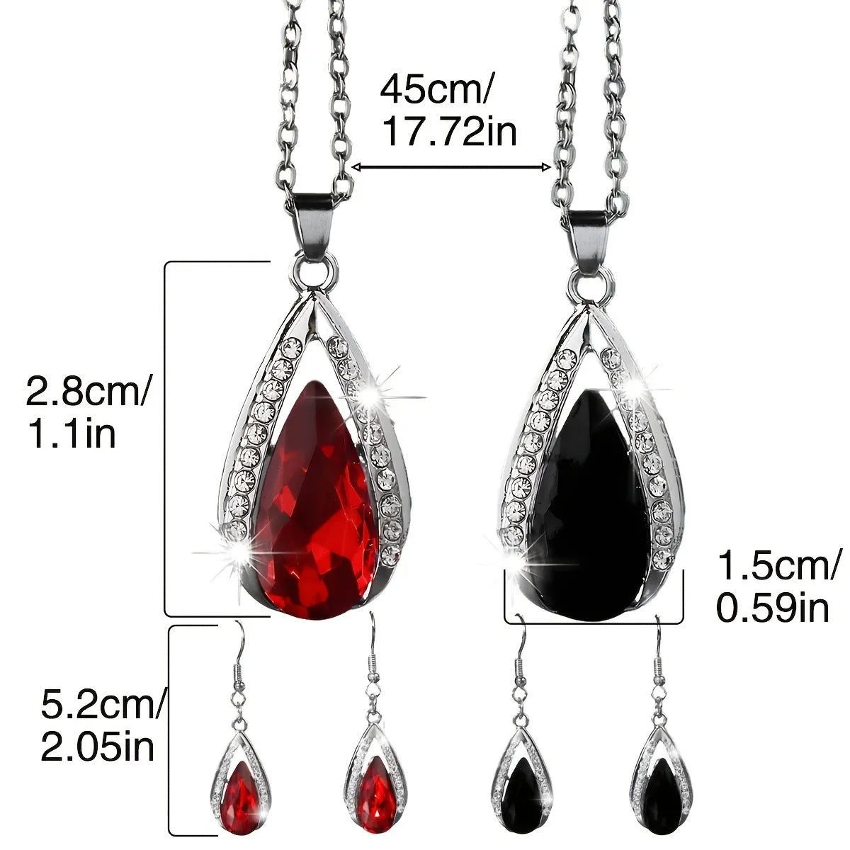 Black and red alloy necklace and earrings set with teardrop glass pendants