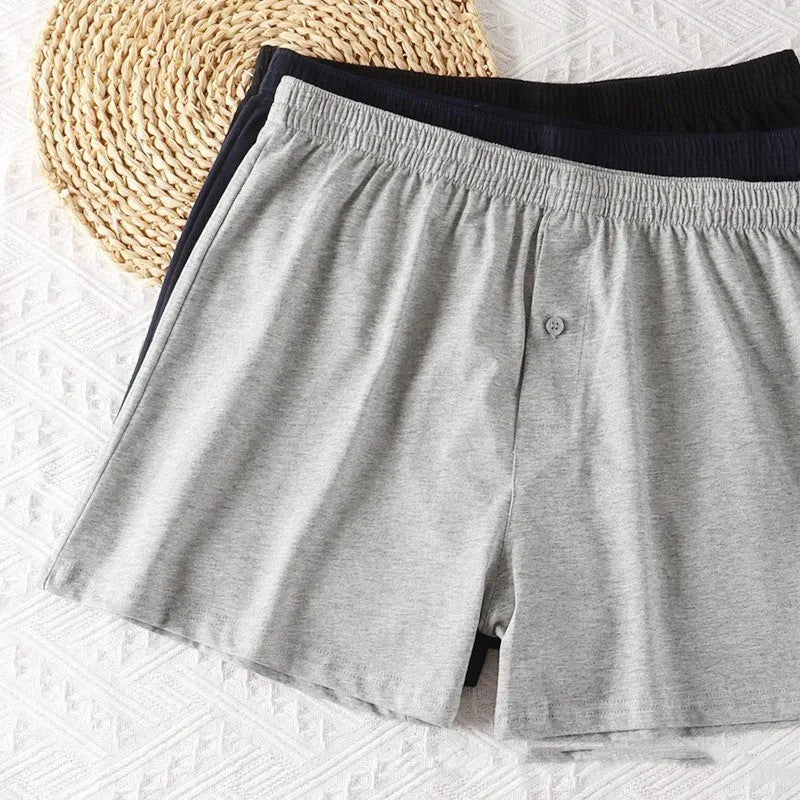 Men's loose fit cotton boxer shorts in light grey, navy blue and black colours with high waist design