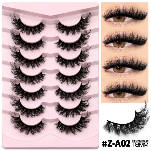 Box of natural false eyelashes showing six different thick, dense styles including Y5 and A01-A05 with glue