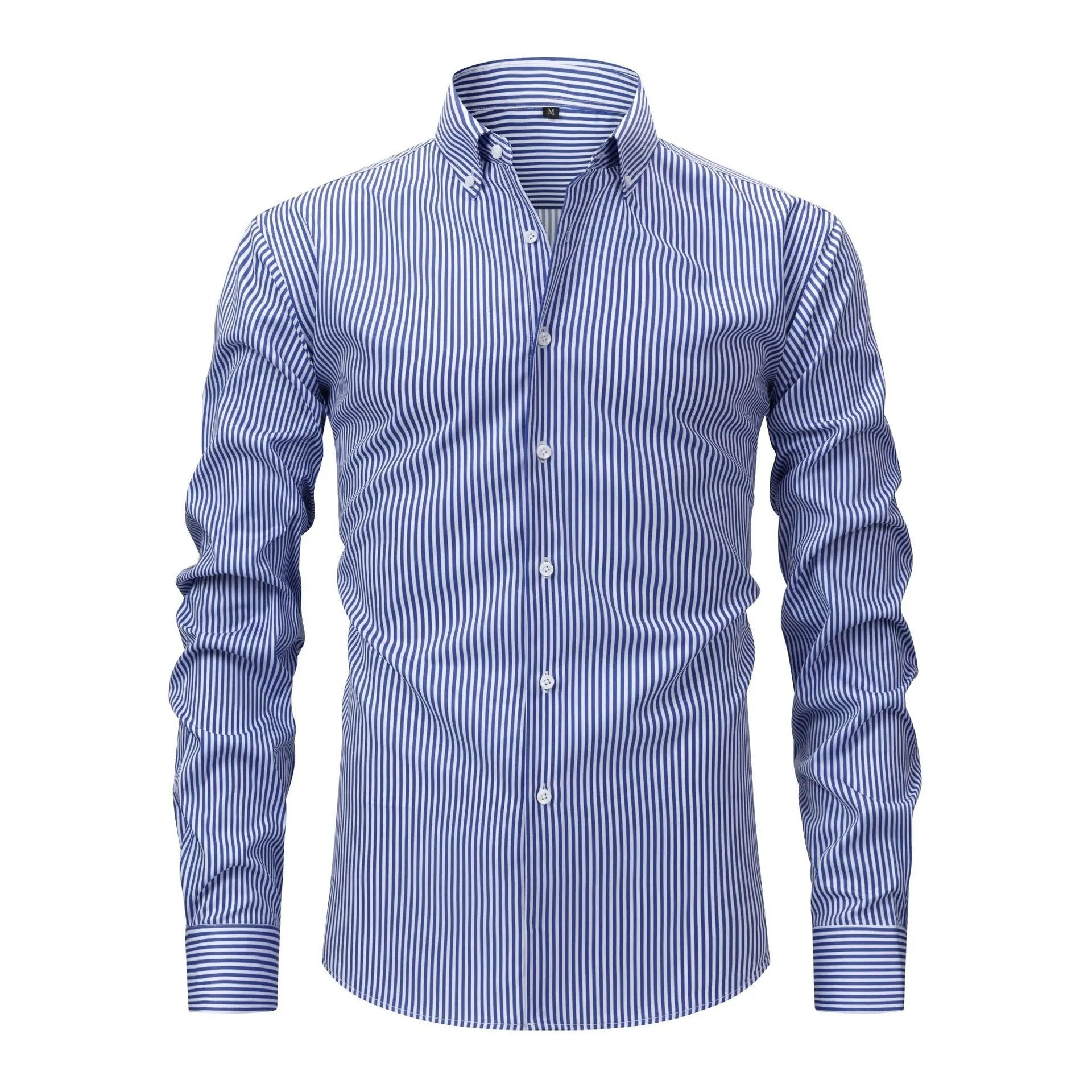 Man wearing a striped long-sleeved business shirt with a lapel collar in a neutral colour.