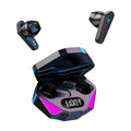 Black X15 wireless Bluetooth gaming earbuds with charging case on a dark surface.