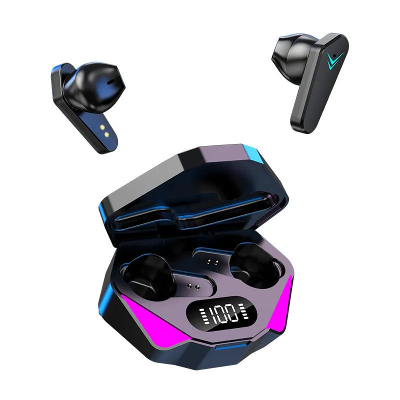 Black X15 wireless Bluetooth gaming earbuds with charging case on a dark surface.