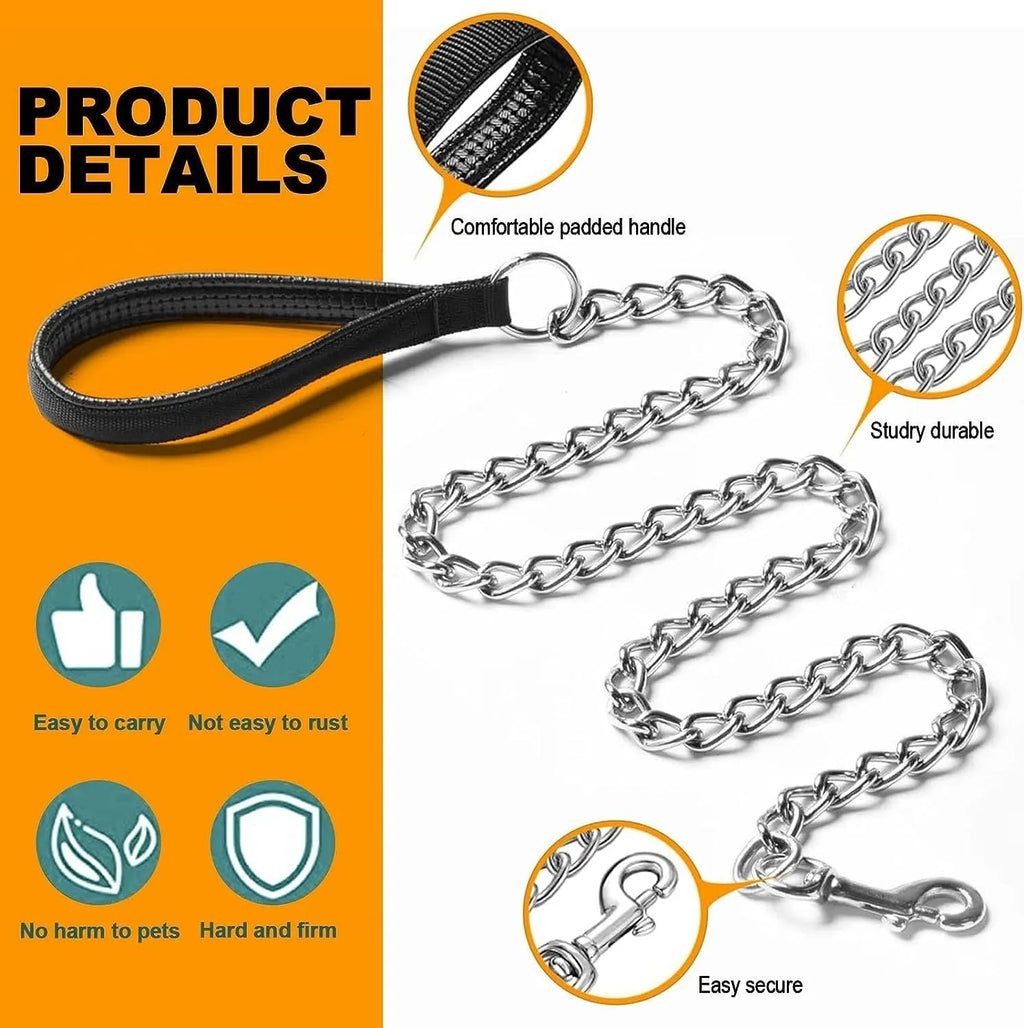 Heavy duty metal dog leash chain with soft padded handle in black, blue or red colours