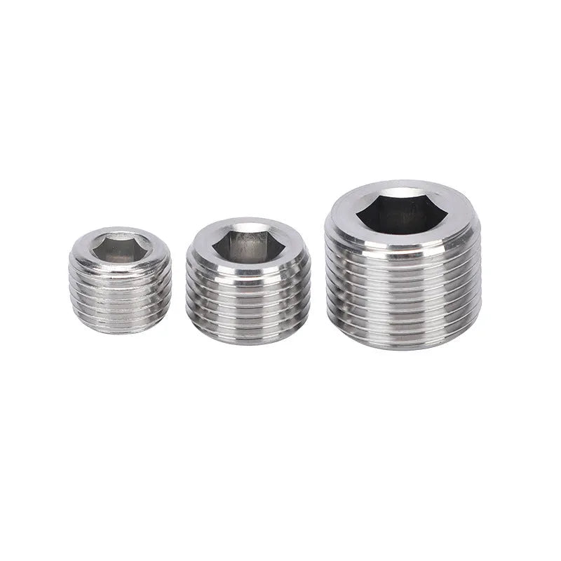 Stainless steel hexagonal plug with brass washer for 3/8 inch BSPP thread bulkhead fitting.