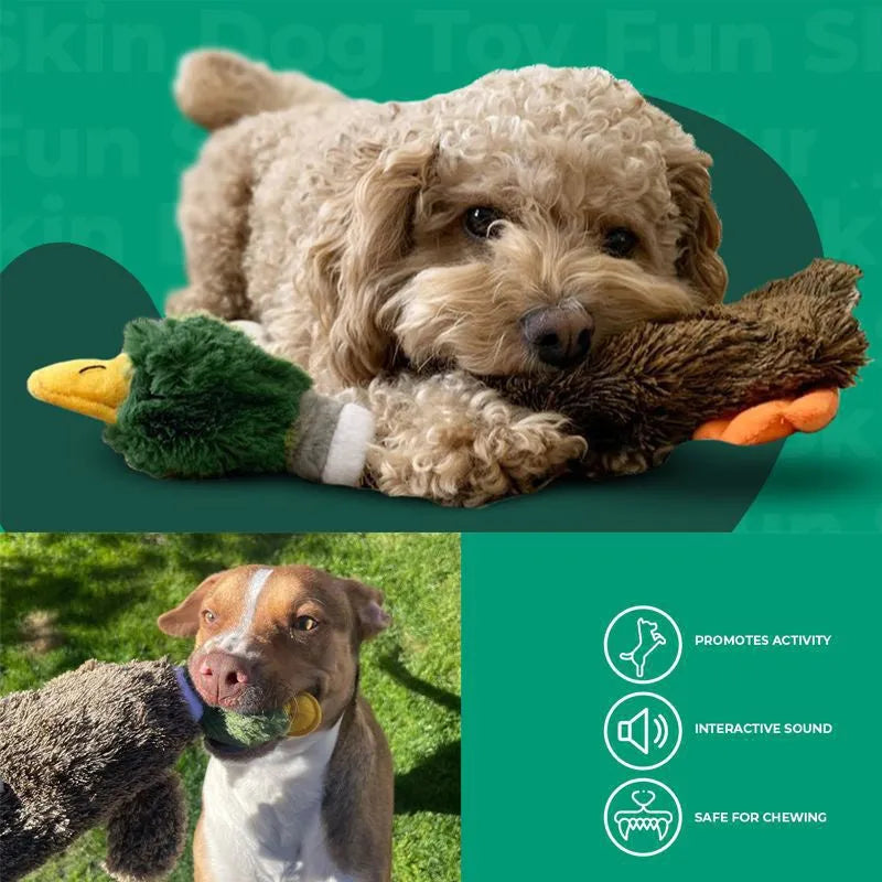 Green stuffless dog toy shaped like a wild duck with two squeakers and bottle cavity opening