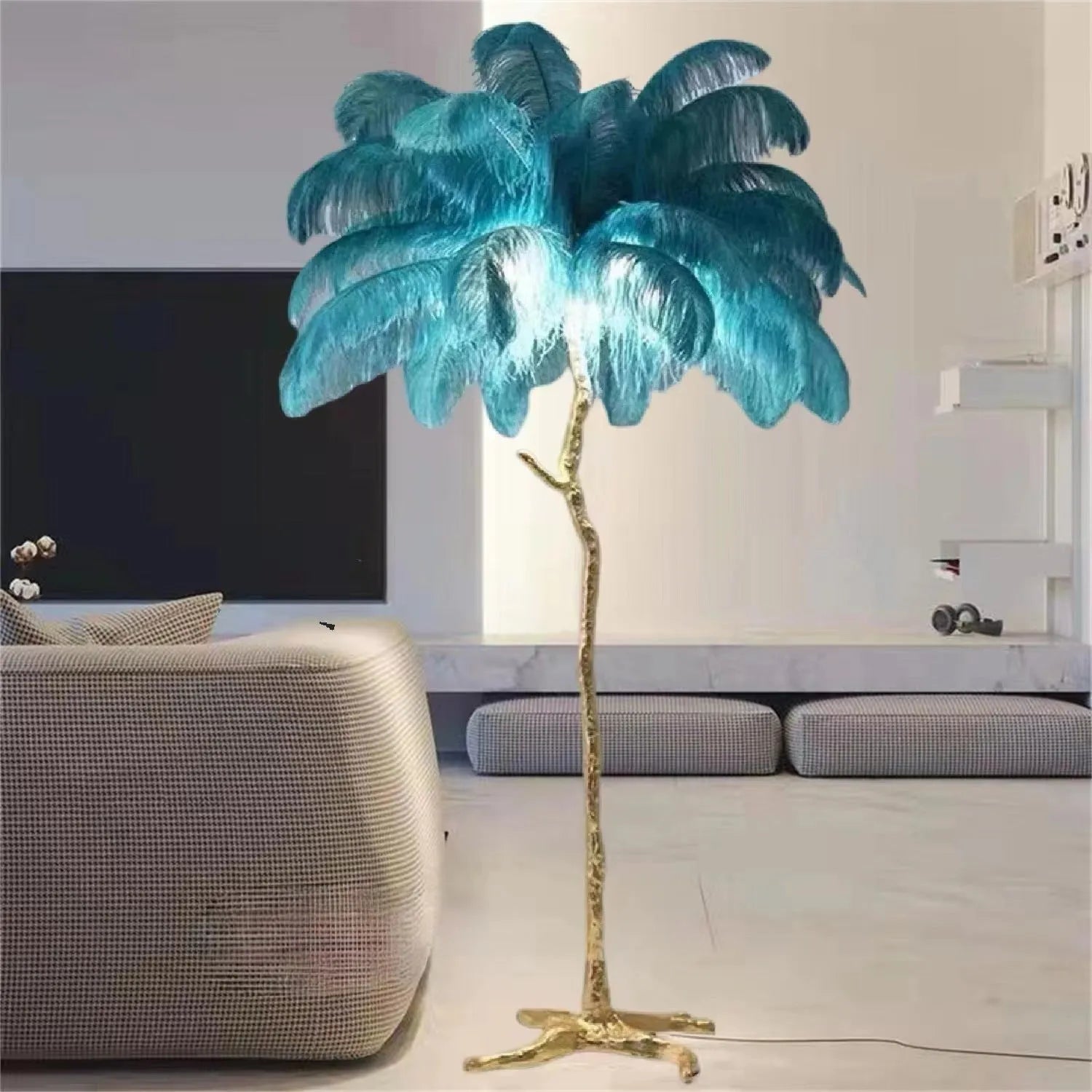 Decorative resin feather floor lamp standing 170cm tall with dark green, pink or white feather design