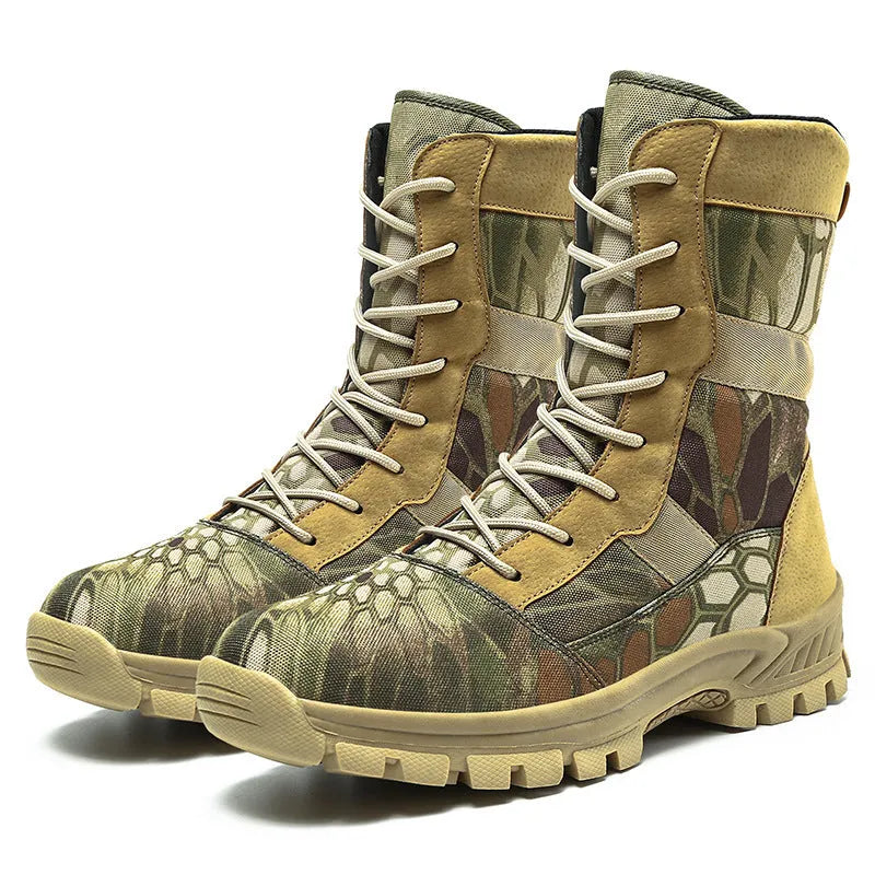 Plus size men's high-top Martin boots in black and camouflage colours with mesh upper