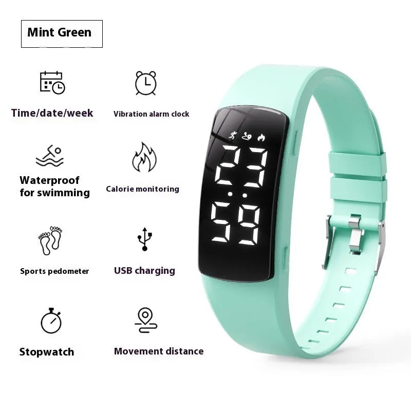 Vibration alarm smart watch with LED display on a silicone strap, shown in a choice of colours.