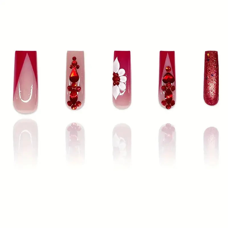 Fake nails with floral pattern and red diamond decoration in long European square style
