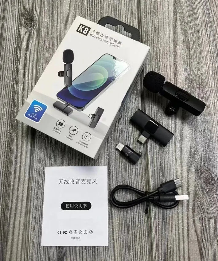 Wireless collar clip lavalier microphone with smartphone connector options for Type-C, Lightning, and 3.5mm jacks.