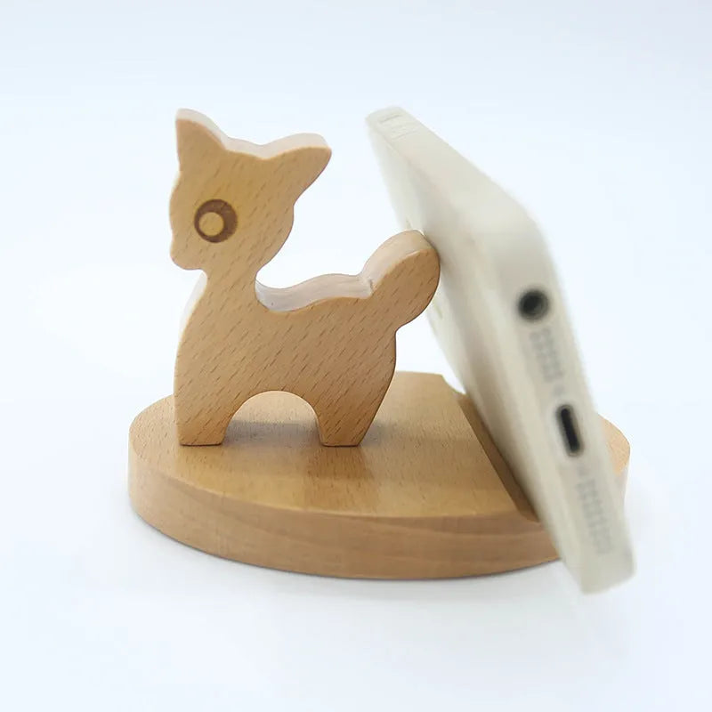 Solid beech wood mobile phone holder with detailed resin animal carving in choice of 22 animal styles