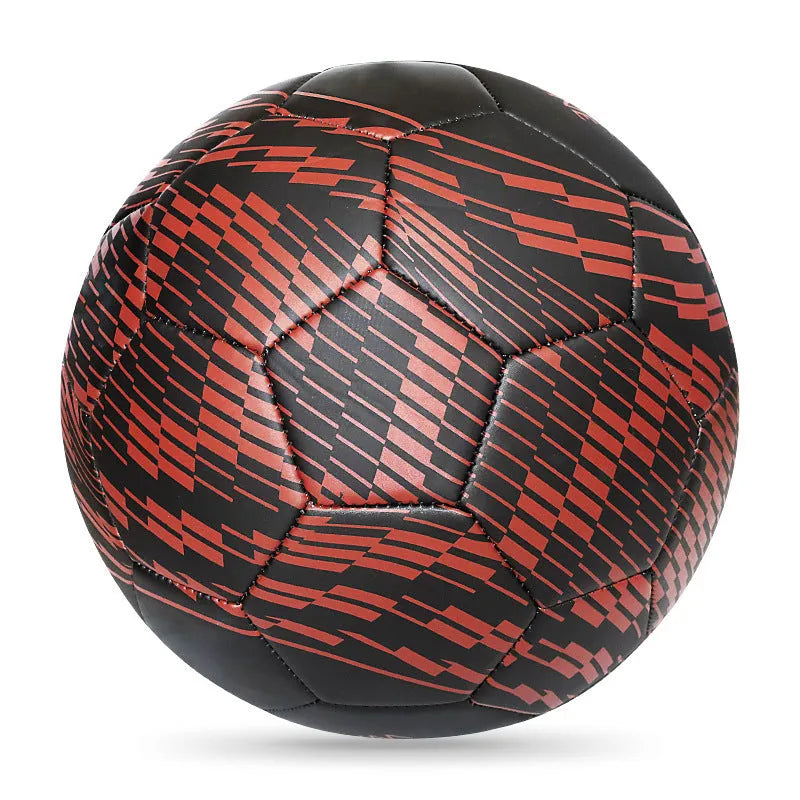 Machine-sewn PVC football in sizes 3, 4, and 5 shown in various colour patterns including red dragon roll and tornado blue.