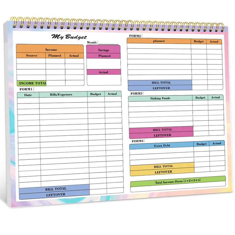 B5 spiral-bound budget notebook with a blue PP plastic cover, open to show lined pages for income and expenditure tracking.