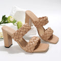 Square toe chunky heel slippers with woven twisted PU upper in apricot colour