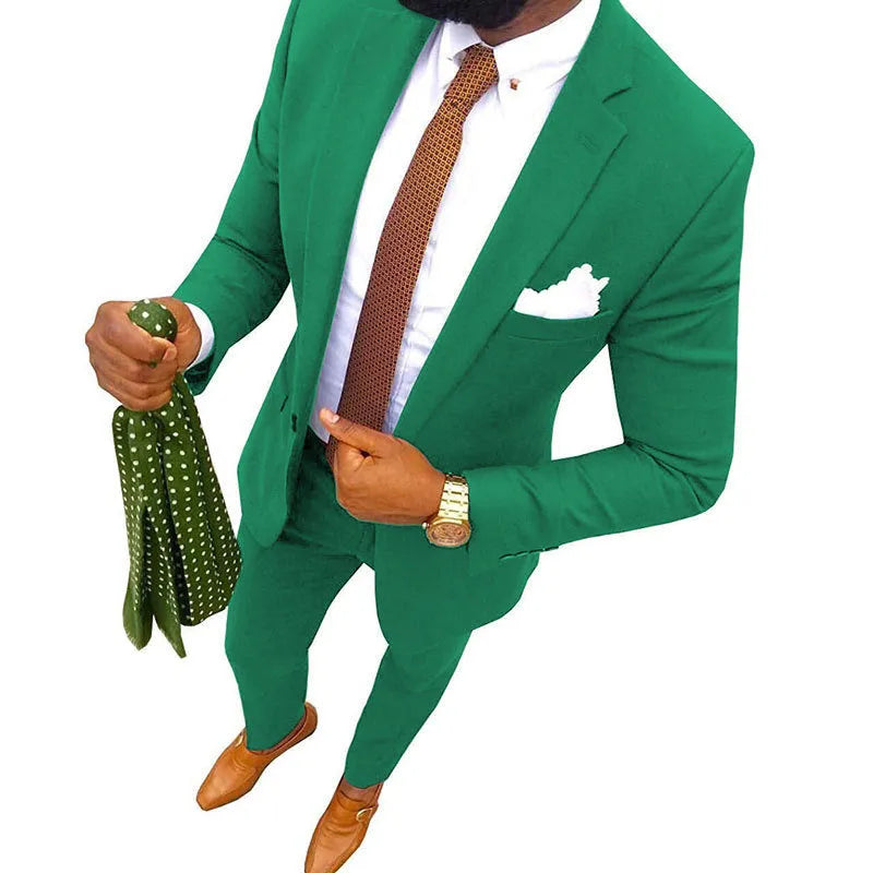 Men's cotton suit jacket and trousers set shown in multiple available colours.