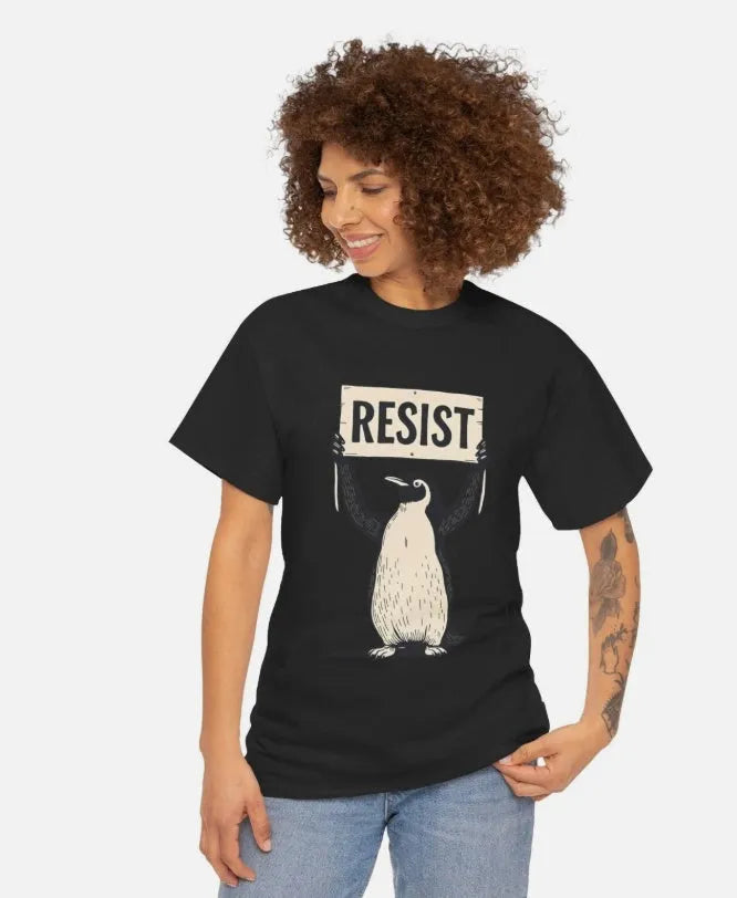 Unisex loose fit cotton short sleeve t-shirt in black, green, and white on a size chart.