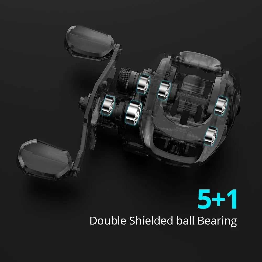 Drip wheel lure fishing reel with rocking wheel mechanism showing left and right-handed wheel orientation options