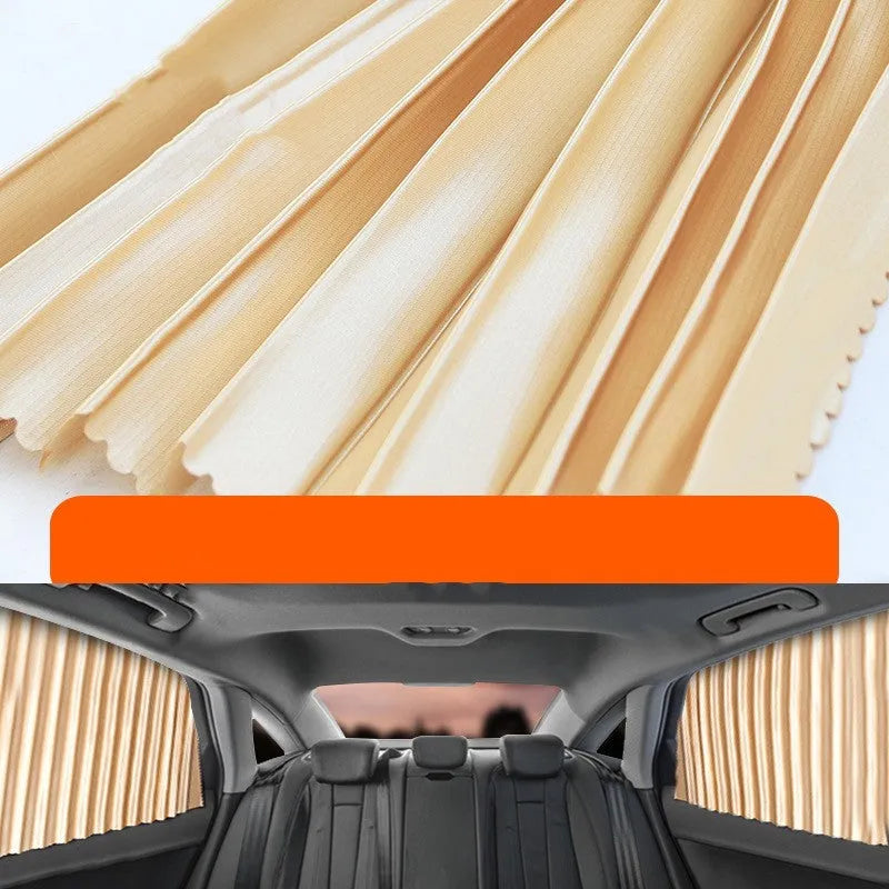 Retractable car sun curtain in thick opaque cloth with roller shutter mechanism
