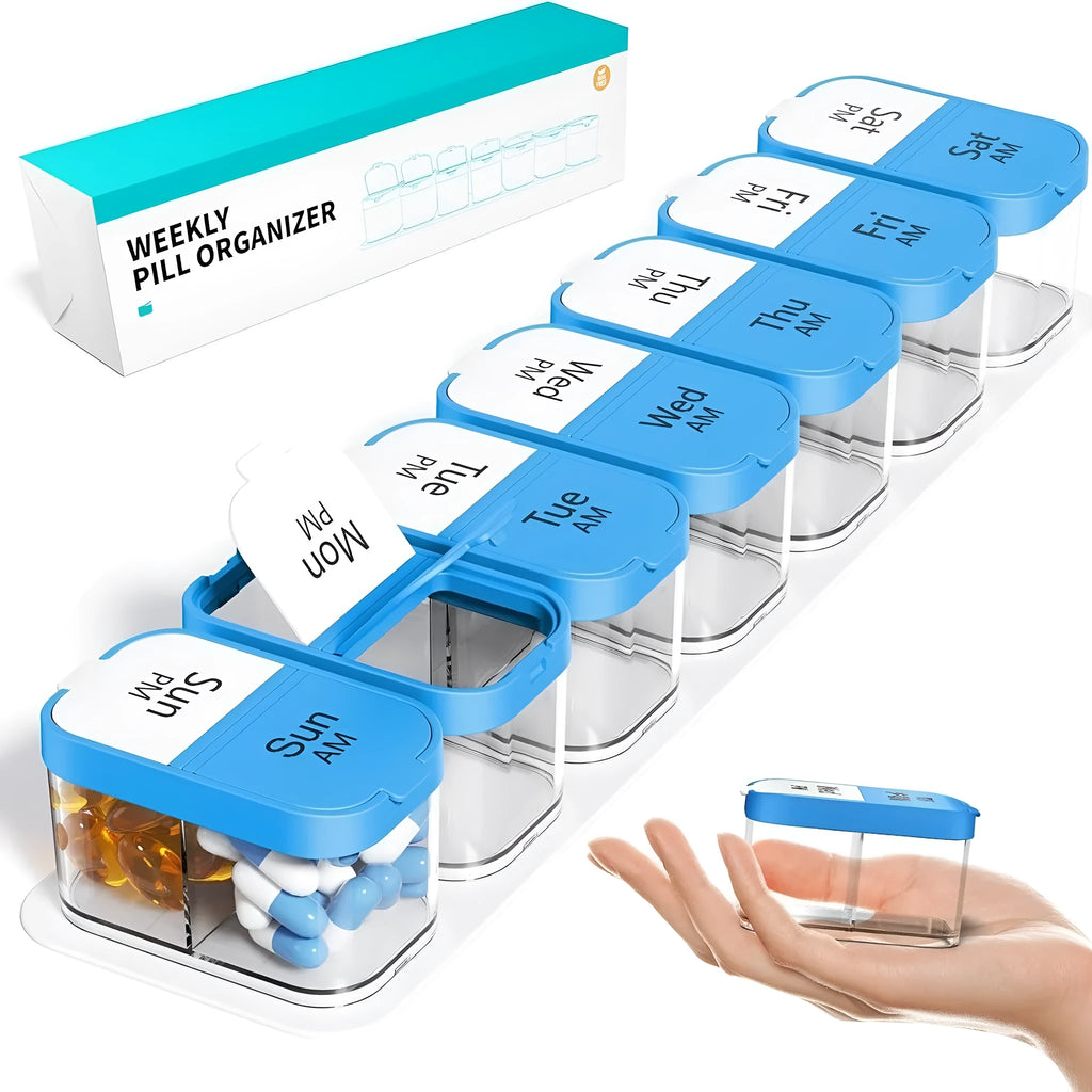 Extra large white and rainbow coloured pill box dispenser with 14 removable compartments showing dimensions