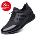 Men's black height increasing casual sneakers with chunky sole, shown in leather and mesh upper options.
