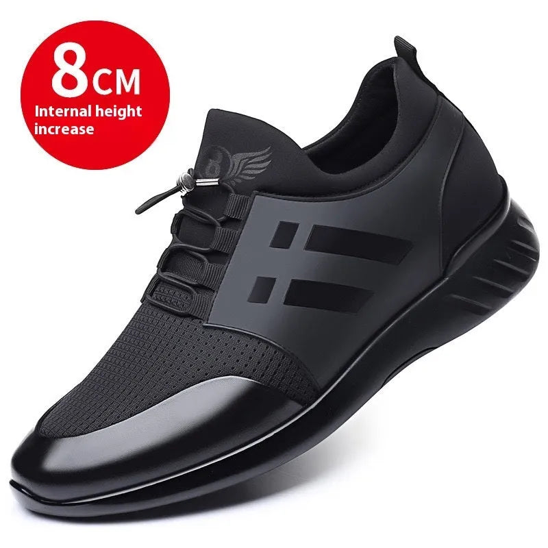 Men's black height increasing casual sneakers with chunky sole, shown in leather and mesh upper options.