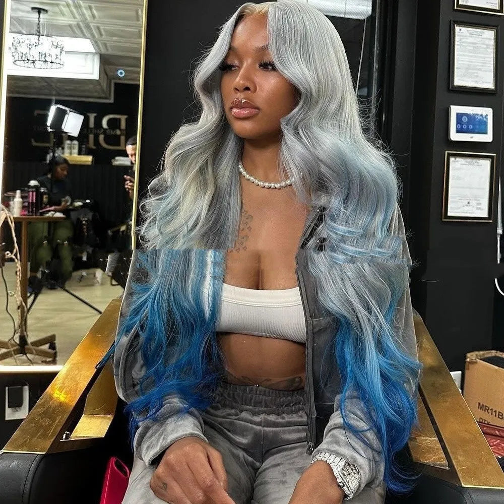 Gradient grey-blue human hair wig with natural lace front shown at multiple length options
