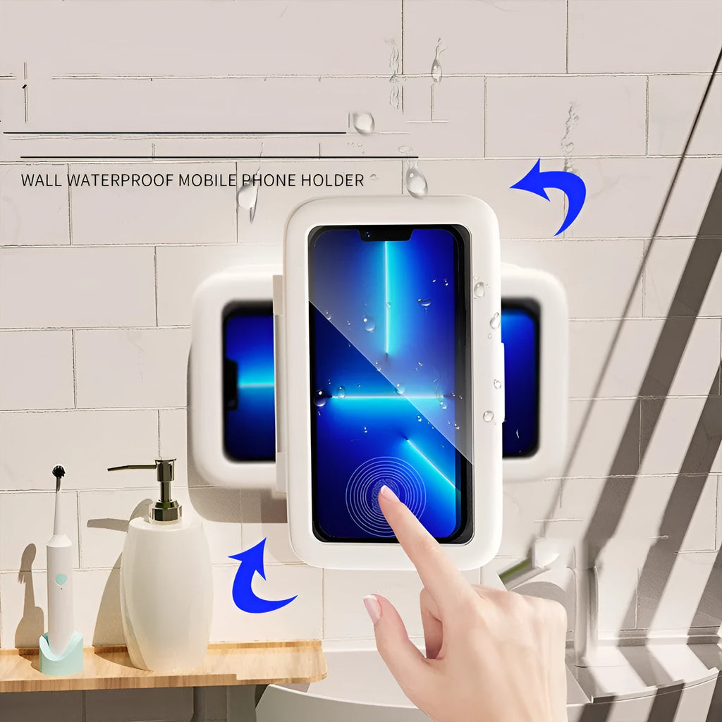 White waterproof phone holder mounted on bathroom tile showing smartphone inside with visible touchscreen