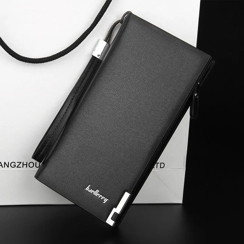 Men's black PU leather zipper wallet with waterproof wear-resistant construction