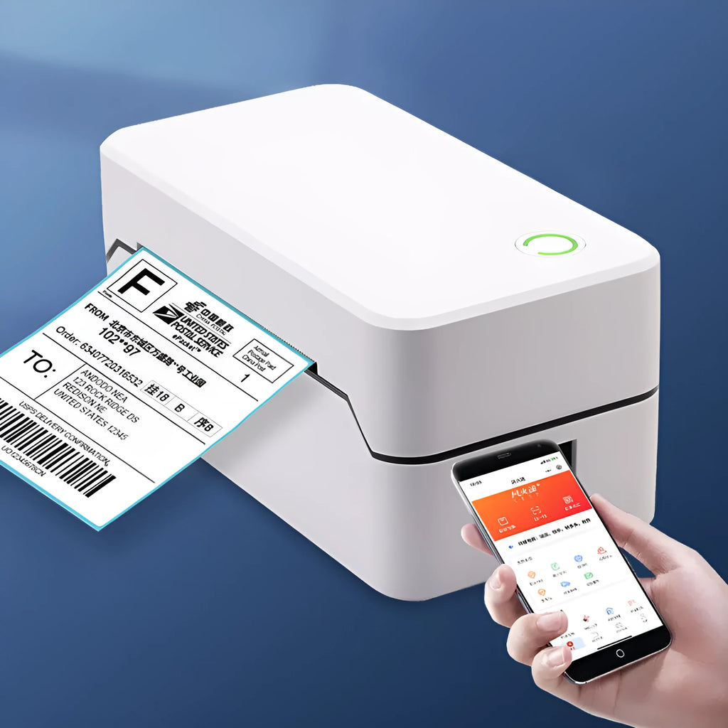 Thermal Express Single Electronic Surface Printer TDL401H on desktop with Bluetooth and USB connectivity