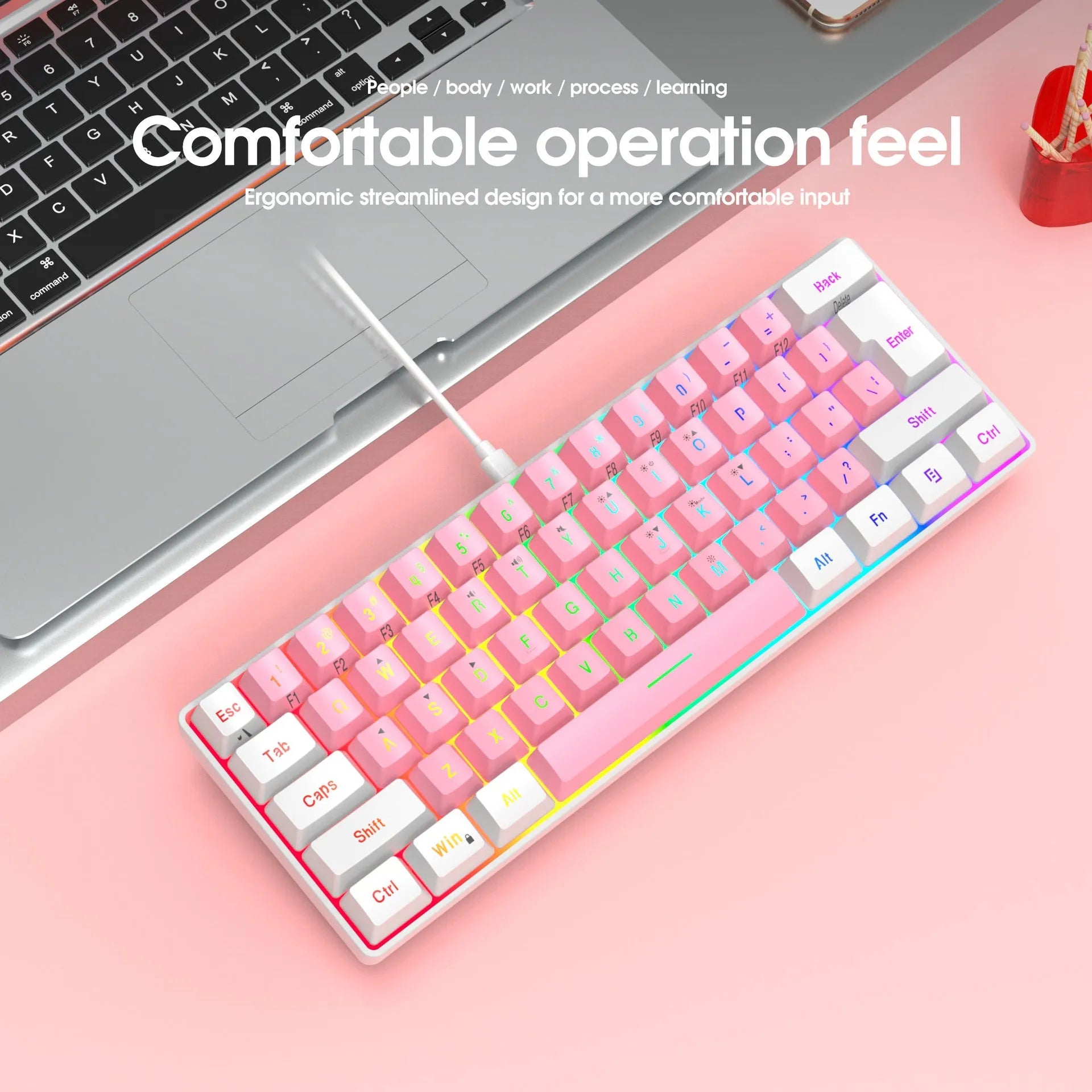 Simple wired 61 key membrane keyboard in white and black colour scheme with UK layout