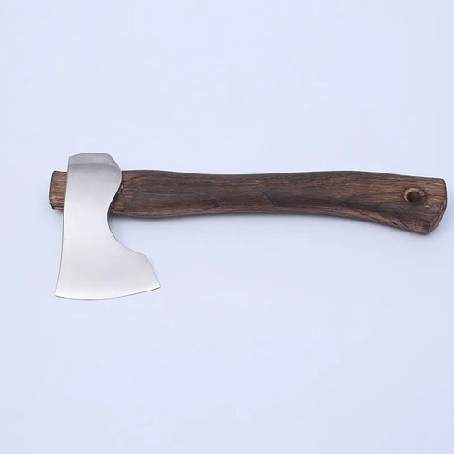 Camping axe with high carbon steel head and wooden handle showing 250mm length dimensions