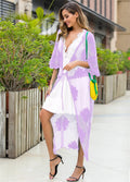 Light purple beach cardigan with lace embroidery detail, shown as beachwear cover-up
