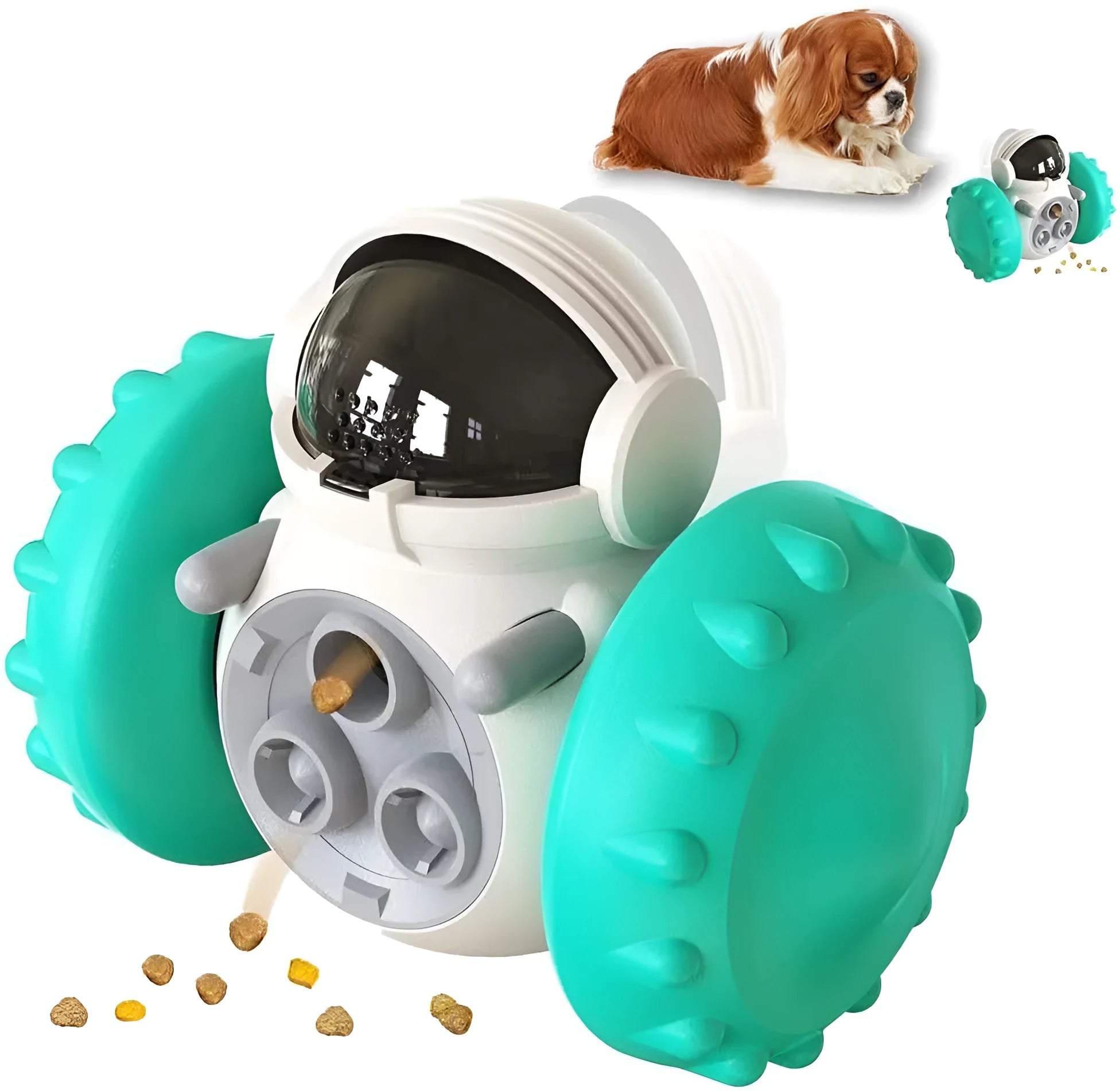 Self-balancing dog treat dispenser toy in robot design for interactive pet play