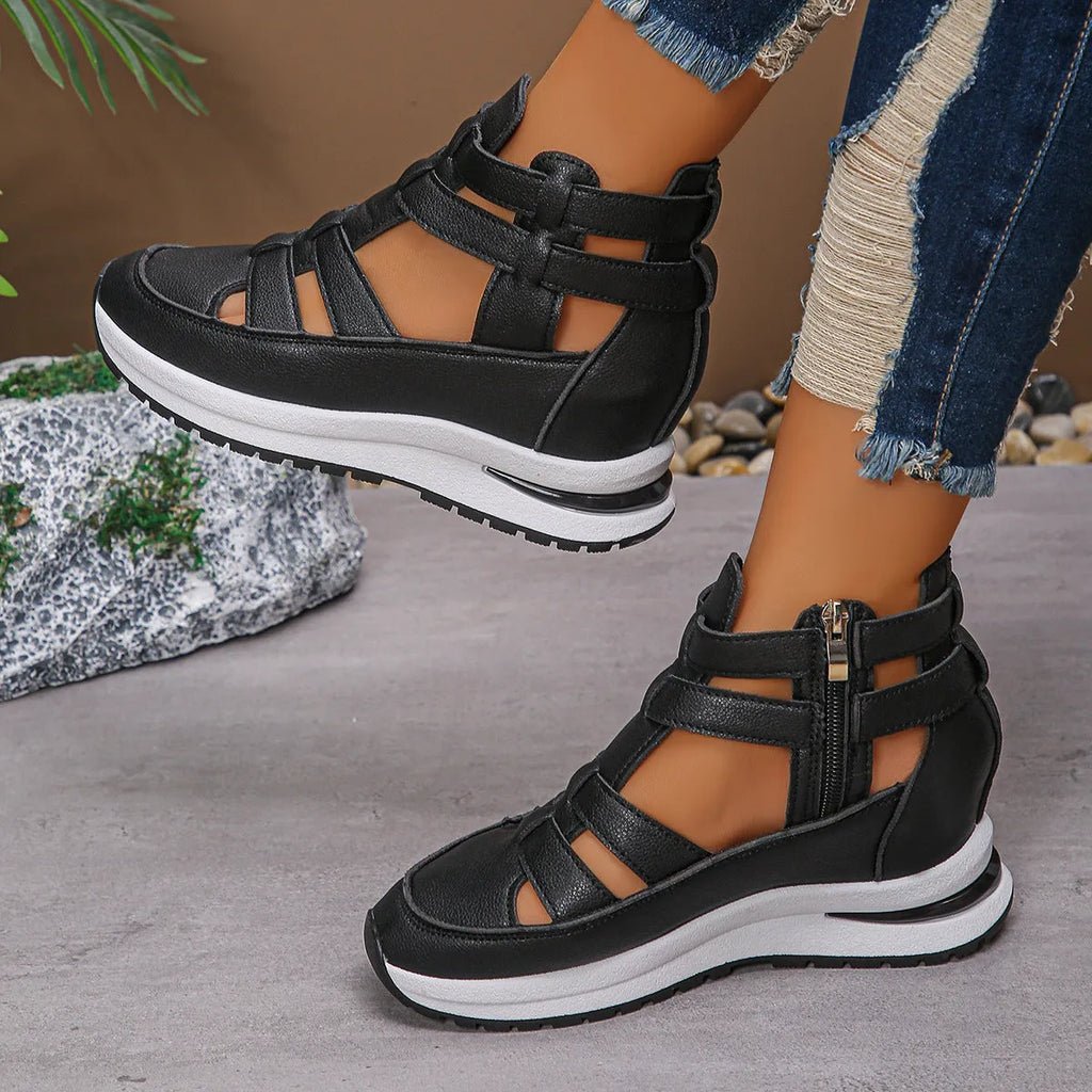 Women's black platform sandals with hollow-out design and velcro strap