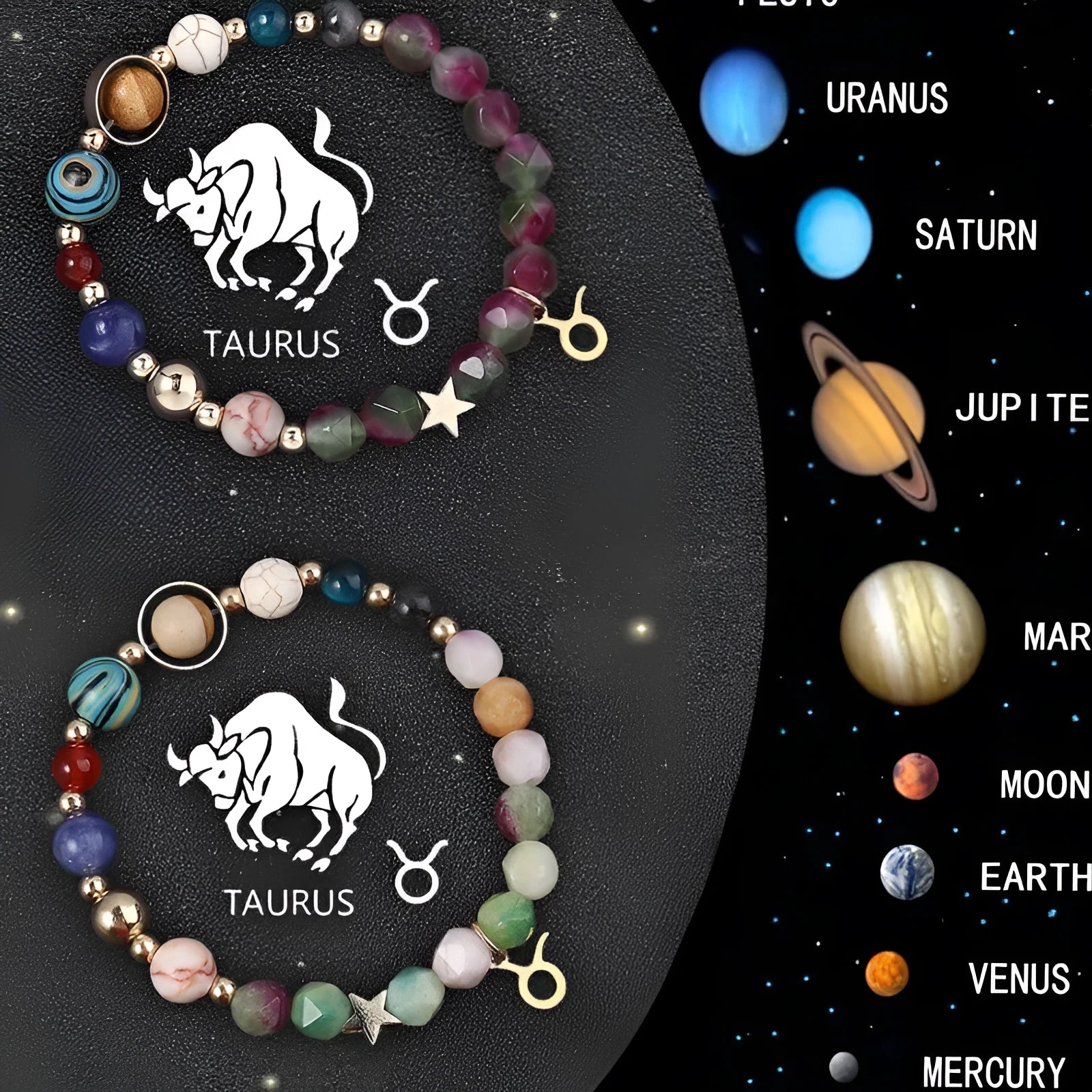 Natural stone beaded zodiac bracelets showing twelve astrological sign designs on elastic cord