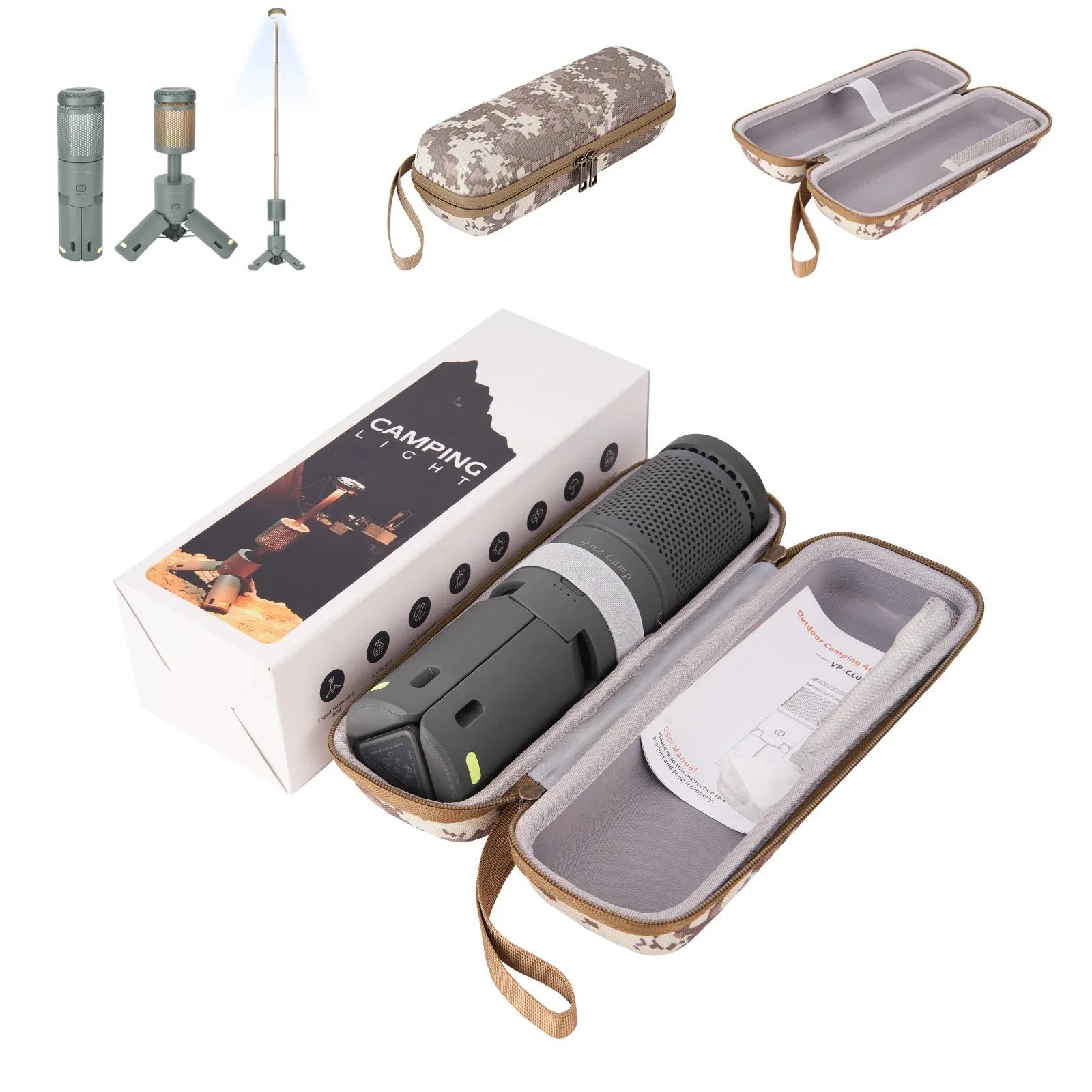 Portable LED camping lantern in off white or dark gray with button switch