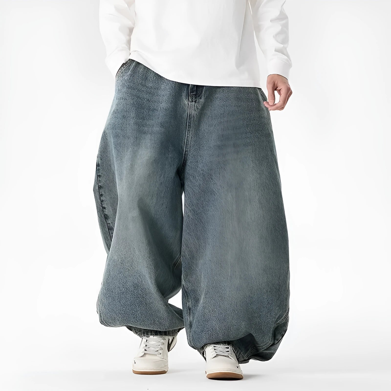Men's plus size wide leg baggy jeans in black denim with straight leg openings