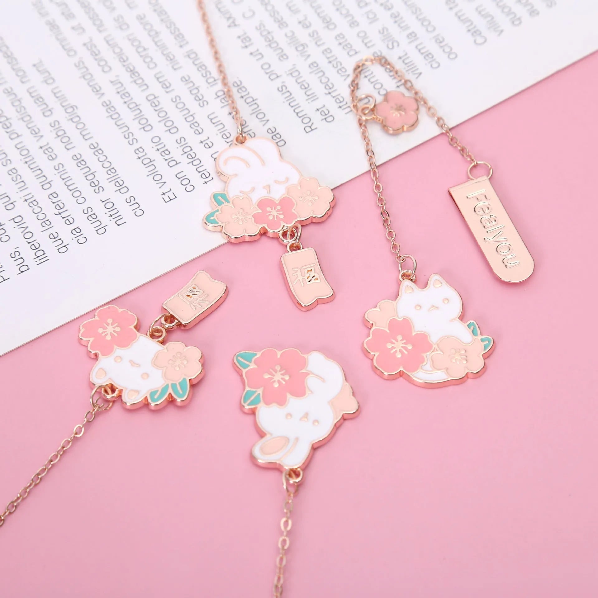 Metal pendant bookmark with cherry blossom cat and rabbit cartoon designs for books and journals