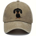 Retro washed cotton baseball cap with embroidered dachshund design on front panel