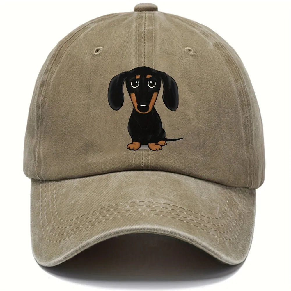 Retro washed cotton baseball cap with embroidered dachshund design on front panel
