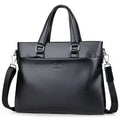 Men's black PU leather messenger bag with crossbody strap showing splicing design detail