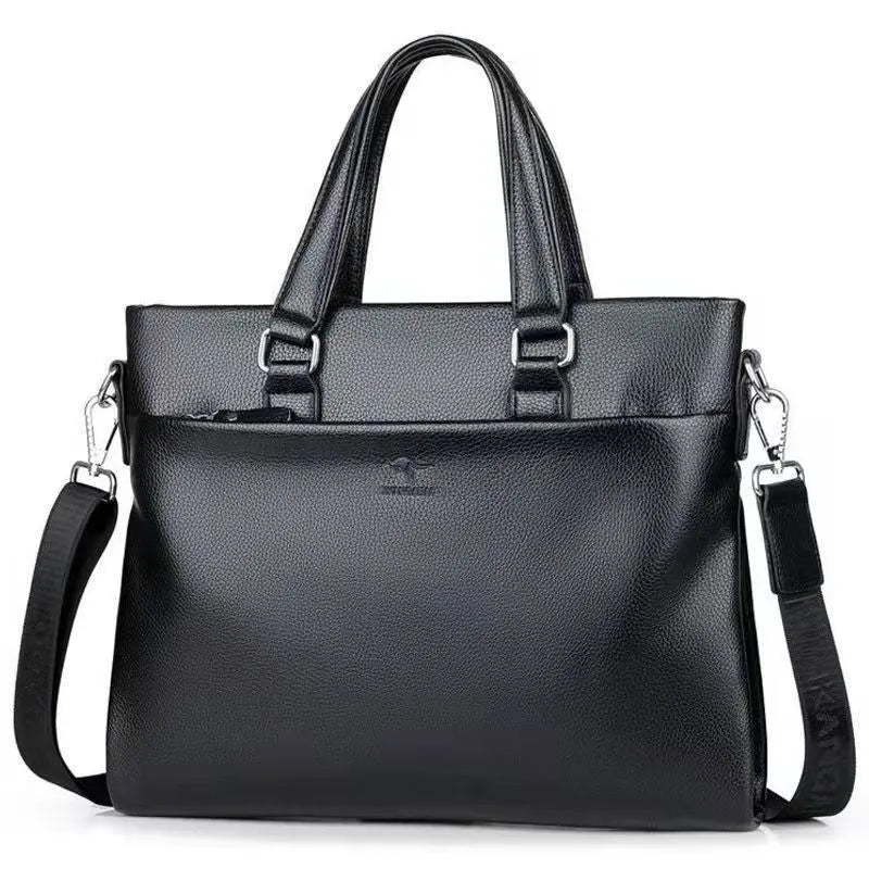 Men's black PU leather messenger bag with crossbody strap showing splicing design detail